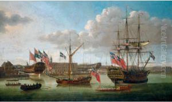 Deptford Dockyard, Showing The Launch Of The Medway Oil Painting by John the Younger Cleveley