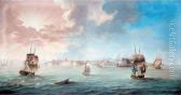 English, Danish And Swedish 
Merchantmen Amongst Mediterranean Craft Off The Port Of Leghorn, Gulf Of
 Genoa, At Sunset Oil Painting by John the Younger Cleveley