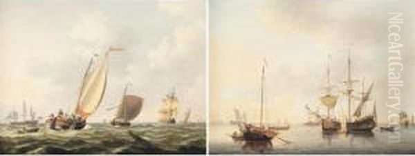 A Dutch Schuyt And Other 
Shipping In A Still Breeze; A Collier And A Fishing Boat In A Calm Sea Oil Painting by John the Younger Cleveley