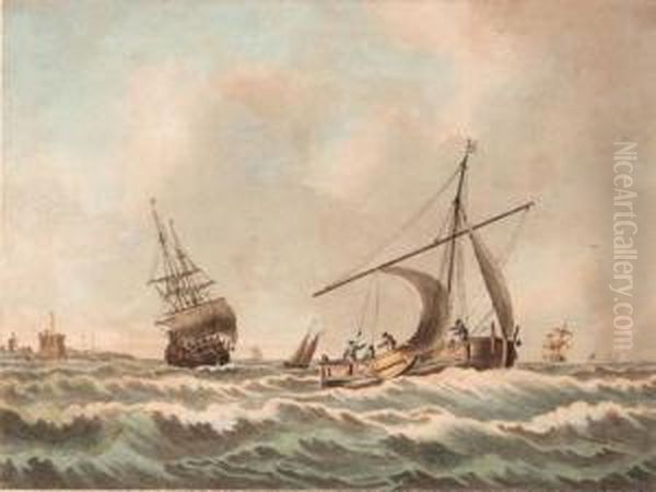 A Dutch Barge In Coastal Waters Oil Painting by John the Younger Cleveley