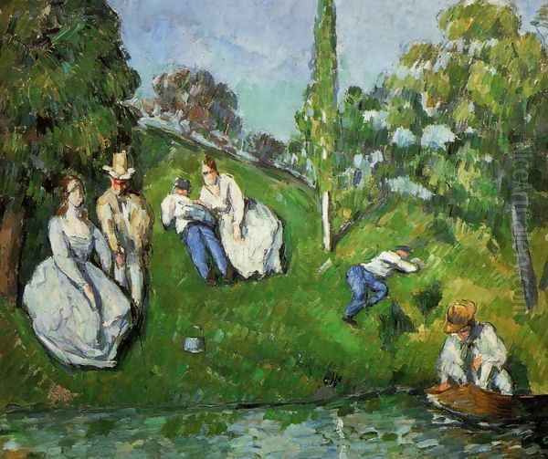 Couples Relaxing By A Pond Oil Painting by Paul Cezanne