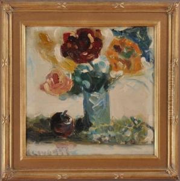 Roses With Apple & Oil Painting by Merton Clivette