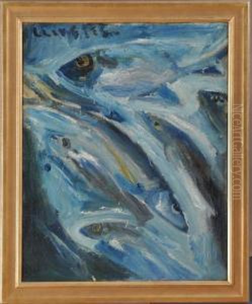 School Of Blue Fish #1 Oil Painting by Merton Clivette