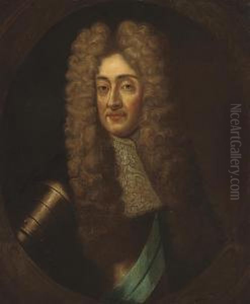 Portrait Of A Gentleman, Bust-length, In Armour, With A Blue Sash,in A Feigned Oval Oil Painting by Johann Closterman