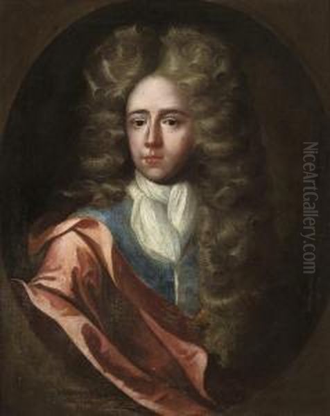 Portrait Of A Gentleman, Bust-length, In A Blue Coat And Redmantle Oil Painting by Johann Closterman