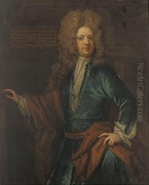 Portrait Of Francis, 2nd Lord 
Guilford (1673-1729),three-quarter-length, In A Blue Velvet Coat With 
Jewelledfastenings, And An Ochre Wrap, Before A Column Oil Painting by Johann Closterman