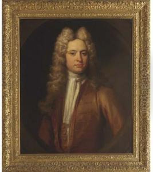 Portrait Of A Gentleman, 
Half-length, In A Brown Coat And Waistcoat And A White Stock, Feigned 
Oval Oil Painting by Johann Closterman