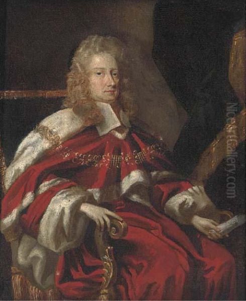 Portrait Of George Jeffreys, 1st
 Baron Jeffreys Of Wem (1648-1689),small Seated Three-quarter Length, In
 Robes Oil Painting by Johann Closterman