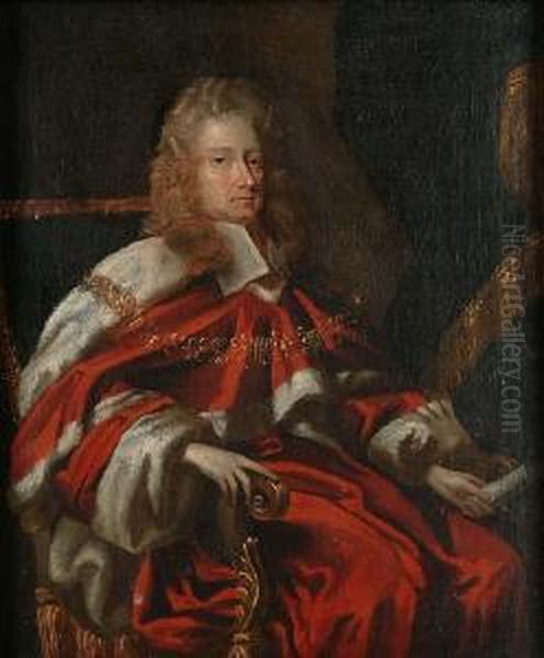 Portrait Of George Jeffreys, 1st
 Baron Jeffreys Of Wem (1648-1689), Seated Small Three-quarter-length, 
In Judges Robes, Holding A Scroll Oil Painting by Johann Closterman