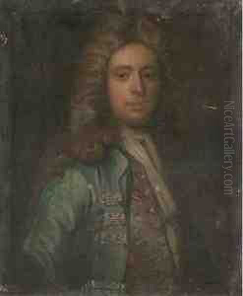 Portrait Of A Gentleman, Bust-length, In A Blue Coat Andembroidered Waistcoat Oil Painting by Johann Closterman