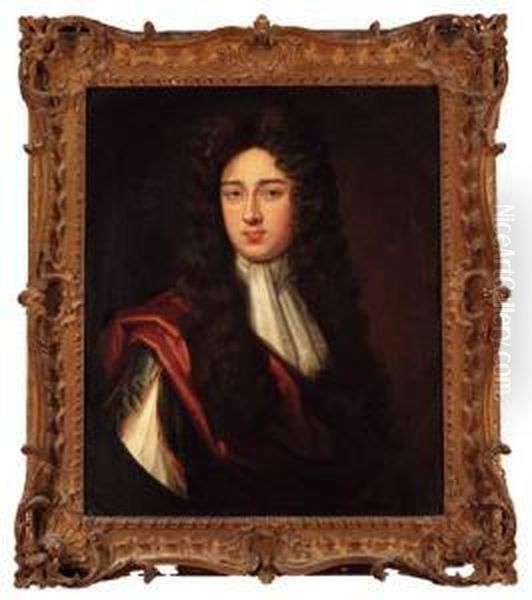 Portrait Of A Gentleman, Quarter-length, In A Red Cloak And Whitestock, Feigned Oval Oil Painting by Johann Closterman