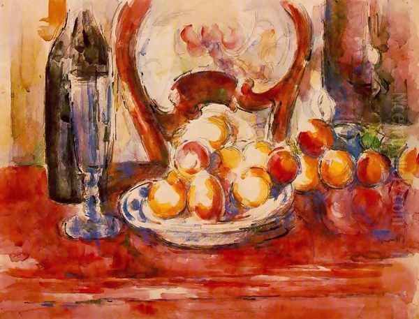 Still Life Apples A Bottle And Chairback Oil Painting by Paul Cezanne