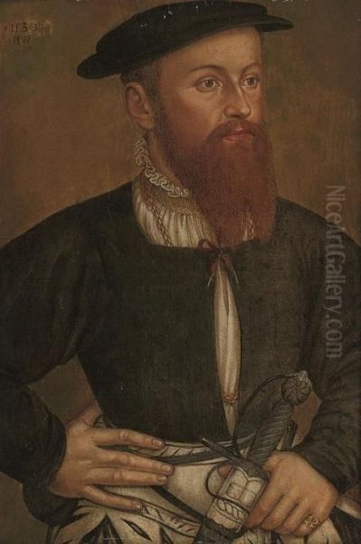 Portrait Of A Gentleman, 
Half-length, In A Black Doublet And Cap, Asword In His Left Hand Oil Painting by Francois Clouet