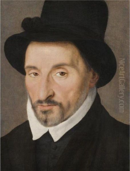 Portrait Of Gentleman, Head And Shoulders, Wearing A Black Tunic With A Black Hat Oil Painting by Francois Clouet