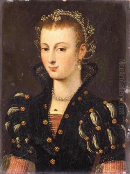 Portrait Of A Noblewoman Half Length Wearing A Black 

 Dress And An Elaborate Headress Said To Be Elisabeth De 

 Valois Oil Painting by Francois Clouet