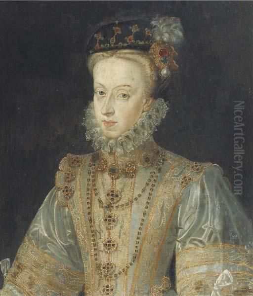 Portrait Of Maria Of Austria, Half-length, In A Silver Silkdress Oil Painting by Francois Clouet