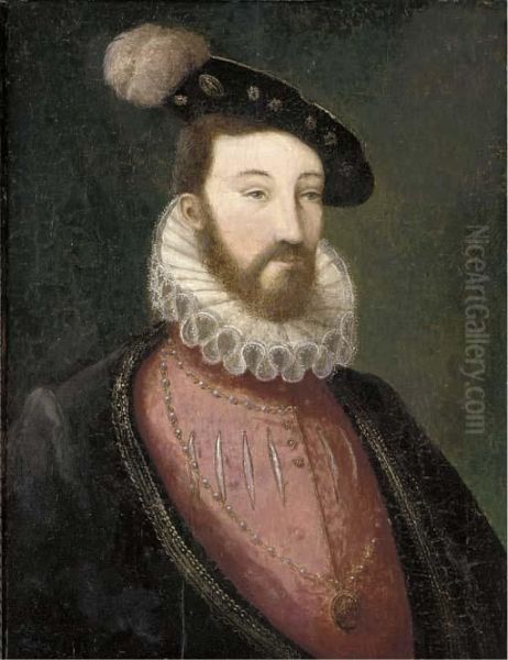 Portrait Of A Bearded Nobleman, 
In A Pink Slashed Doublet With Awhite Ruff And A Black Jacket, Wearing A
 Medallion And A Black Capwith A Plume Oil Painting by Francois Clouet