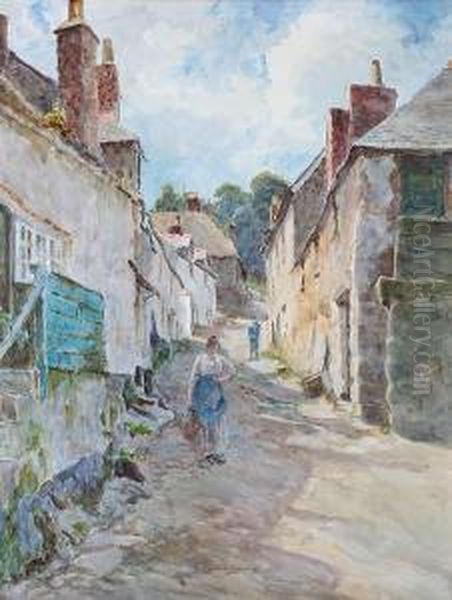 A Welsh Street With Lady By Cottages Oil Painting by Tom Clough