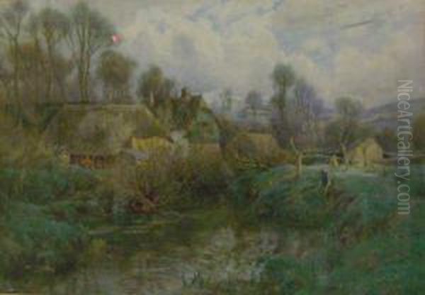 Extensive River Landscape With Figure Fishing In The Foreground,cottages Beyond Oil Painting by Tom Clough