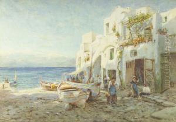 Italian Coastal Scene With Figures And Fishing Boats Oil Painting by Tom Clough