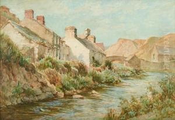 Cottages Beside A Stream Oil Painting by Tom Clough