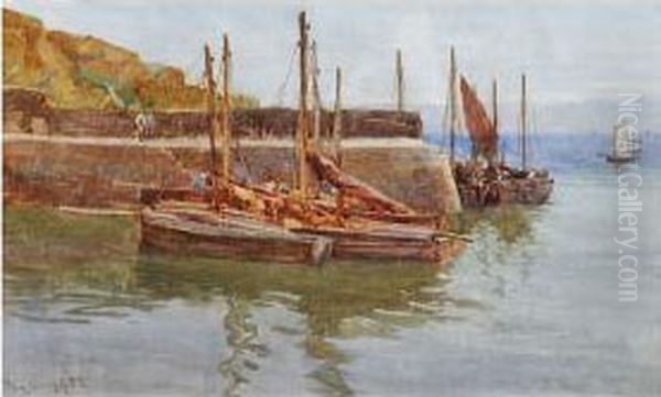 Fishing Boats Off A Quayside Oil Painting by Tom Clough