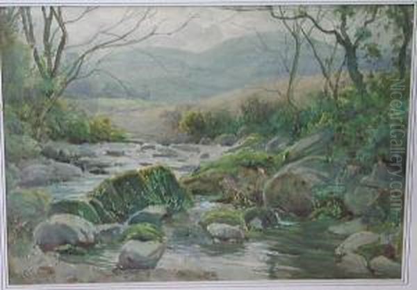 A Wooded Stream And Hillside Oil Painting by Tom Clough