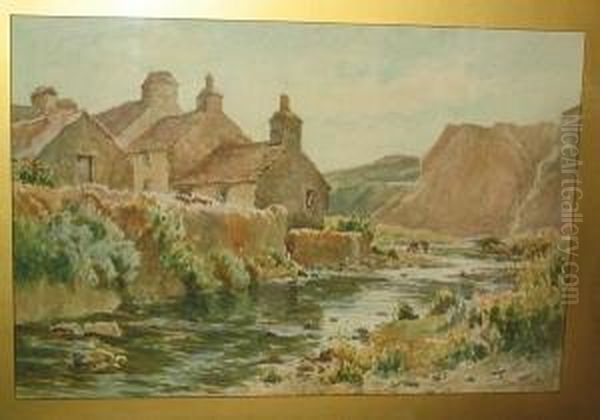 River Flowing Past A Village Oil Painting by Tom Clough