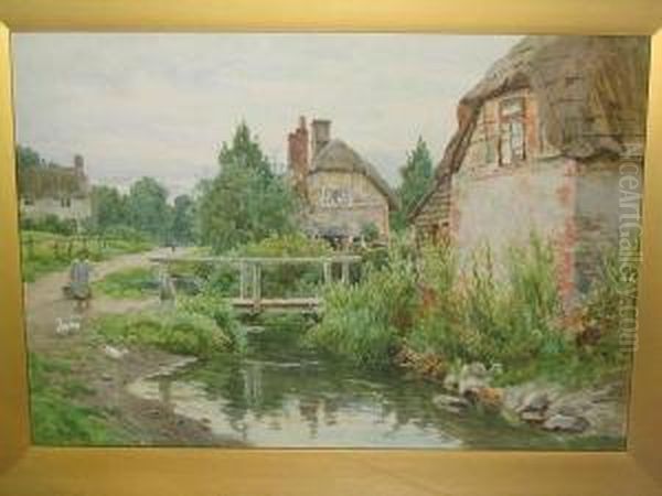 Village Scene With Brook, Geese And Maid Fetching Water Oil Painting by Tom Clough