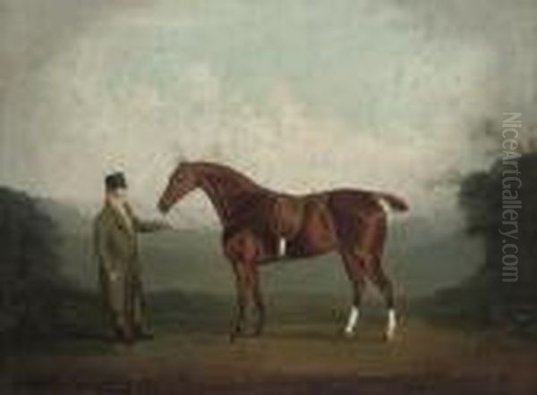 A Bay Hunter Held By A Gentleman In A Landscape Oil Painting by Daniel Clowes