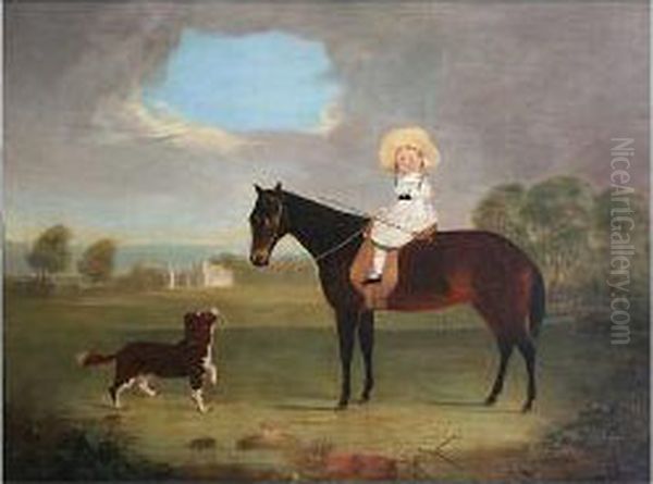 Young Boy Seated On Horse, Before A Landscape Oil Painting by Daniel Clowes