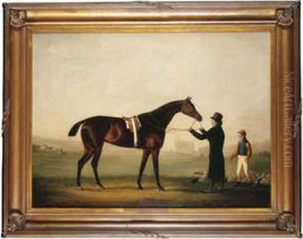 A Bay Racehorse Held By A Trainer Oil Painting by Daniel Clowes