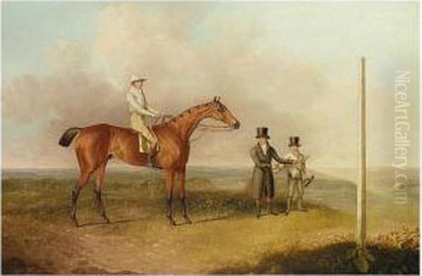 Bay Racehorse With Jockey And Groom Oil Painting by Daniel Clowes