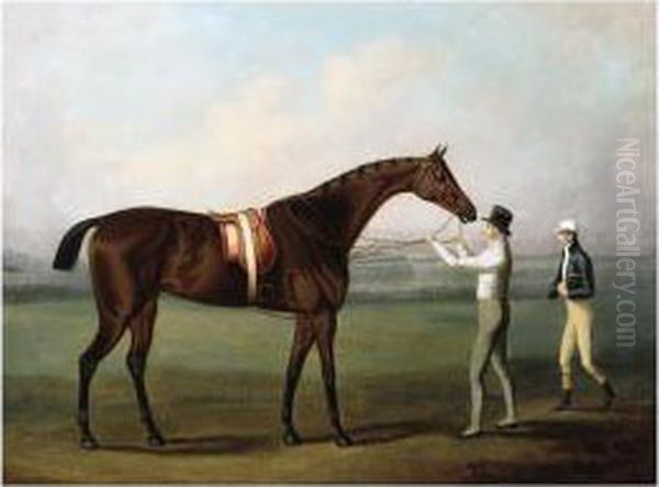 A Bay Racehorse, With Jockey And Owner On Chester Racecourse Oil Painting by Daniel Clowes