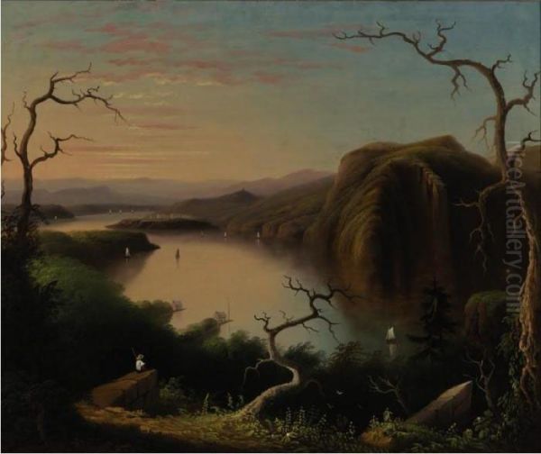 Crow's Nest From Bull Point
 Boy Fishing At Sunset Along The Hudson River Oil Painting by Edmund C. Coates