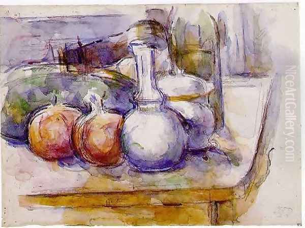 Still Life With Carafe Sugar Bowl Bottle Pommegranates And Watermelon Oil Painting by Paul Cezanne