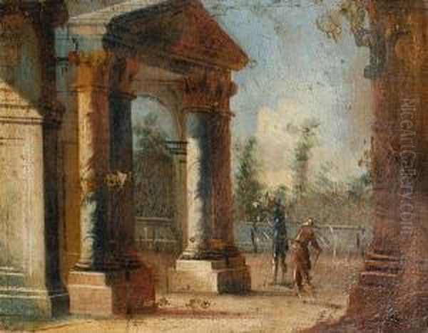 Figures By Classical Buildings, A Parklandscape Beyond Oil Painting by Leonardo Coccorant