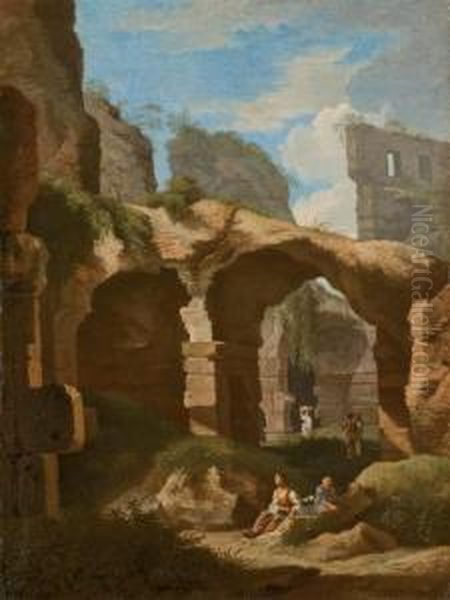 Personnages Dans Un Paysage En Ruines Oil Painting by Leonardo Coccorant