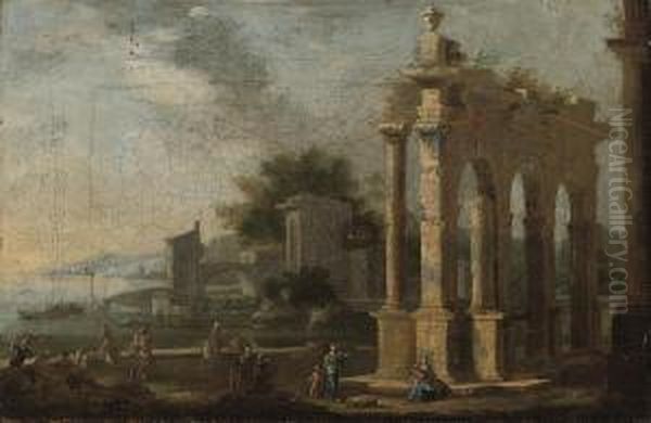 A Coastal Landscape With Figures By Classical Ruins Oil Painting by Leonardo Coccorant