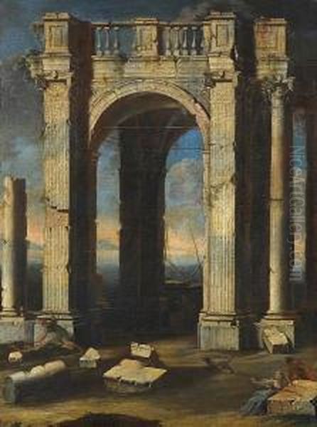 A Capriccio View With Ruins, Figures In The Foreground And The Sea Beyond Oil Painting by Leonardo Coccorant