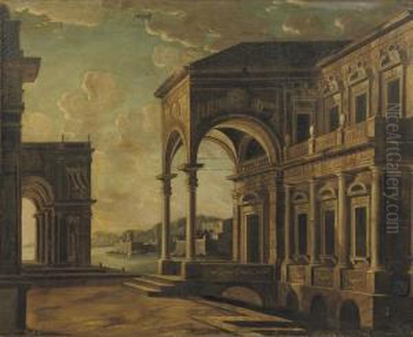 An Architectural 'capriccio' With A Coastal Landscape Beyond Oil Painting by Leonardo Coccorant