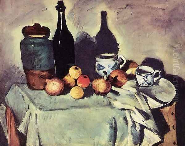 Still Life Post Bottle Cup And Fruit Oil Painting by Paul Cezanne