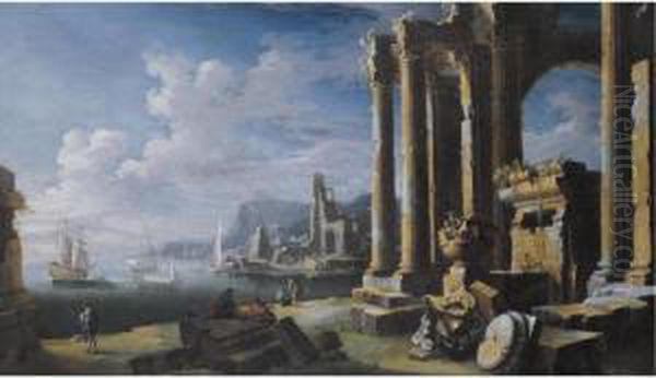 A Capriccio Of Architectural Ruins With A Seascape Beyond Oil Painting by Leonardo Coccorant