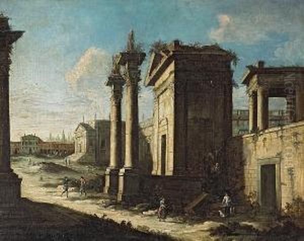 A View Of Ruins With Figures Oil Painting by Leonardo Coccorant