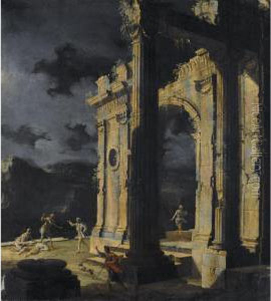 Architectural Capriccio With 
Figures Amongst Ruins Under A Stormy Night Sky Oil Painting by Leonardo Coccorant