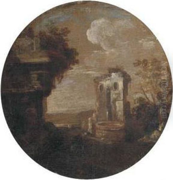 A Capriccio Of Classical Ruins With A Fountain Oil Painting by Leonardo Coccorant