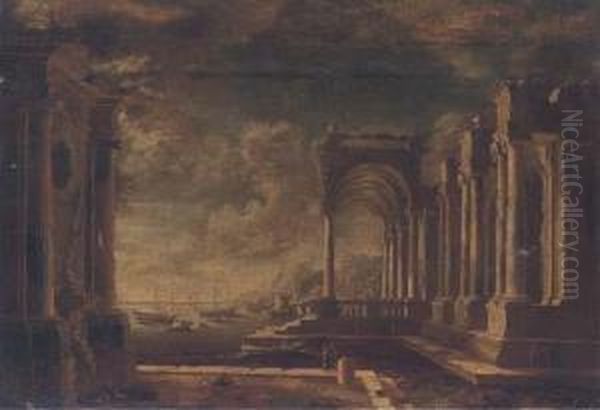 A Capriccio Of A Mediterranean Port With Classical Ruins Andshipping Oil Painting by Leonardo Coccorant