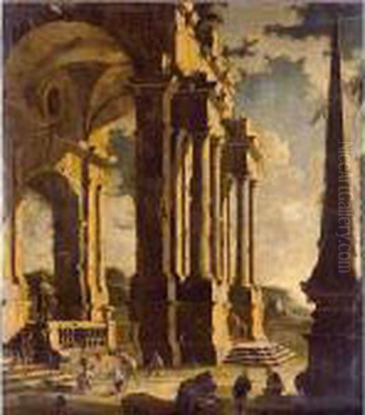 A Capriccio Of Classical Ruins With Figures Oil Painting by Leonardo Coccorant