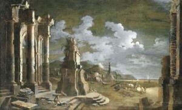 Figures Amongst Ruins In A Moonlit Mediterranean Port Oil Painting by Leonardo Coccorant