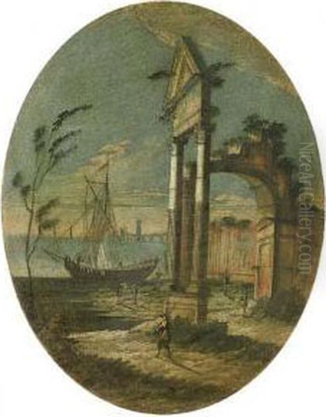 Quattro Capricci Architettonici Con Astanti Vari Ed Una Marina Mediterranea Sullo Sfondo Oil Painting by Leonardo Coccorant